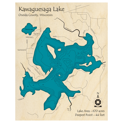 Bathymetric topo map of Kawaguesaga Lake, WI with roads, towns and depths noted in blue water.