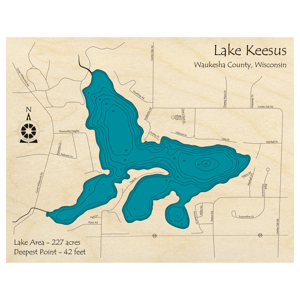 Bathymetric topo map of Lake Keesus, WI with roads, towns and depths noted in blue water.