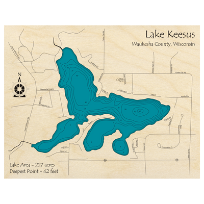Bathymetric topo map of Lake Keesus, WI with roads, towns and depths noted in blue water.