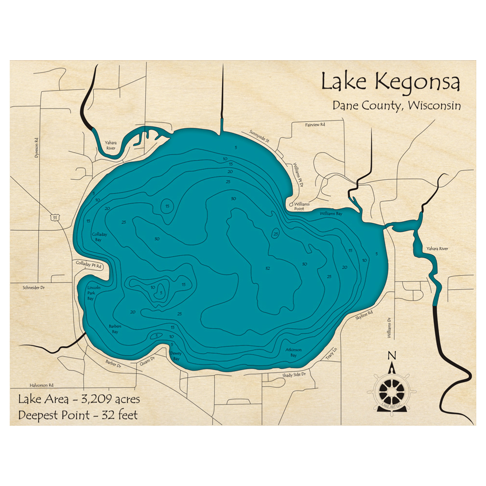 Bathymetric topo map of Lake Kegonsa, WI with roads, towns and depths noted in blue water.