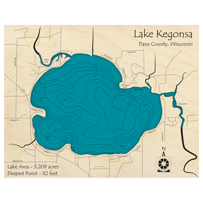 Bathymetric topo map of Lake Kegonsa, WI with roads, towns and depths noted in blue water.