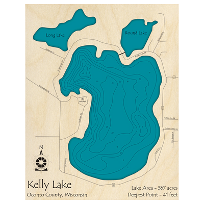 Bathymetric topo map of Kelly Lake, WI with roads, towns and depths noted in blue water.