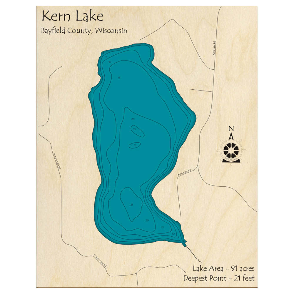 Bathymetric topo map of Kern Lake, WI with roads, towns and depths noted in blue water.