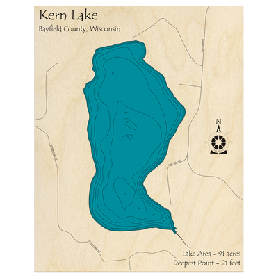 Bathymetric topo map of Kern Lake, WI with roads, towns and depths noted in blue water.