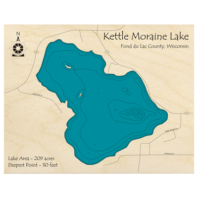 Bathymetric topo map of Kettle Moraine Lake, WI with roads, towns and depths noted in blue water.