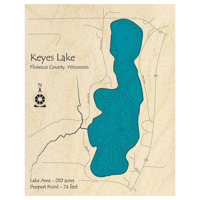 Bathymetric topo map of Keyes Lake, WI with roads, towns and depths noted in blue water.