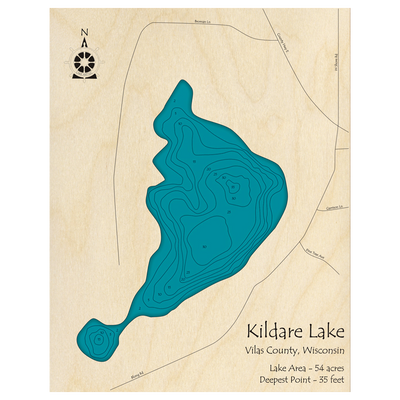 Bathymetric topo map of Kildare Lake, WI with roads, towns and depths noted in blue water.