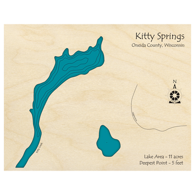 Bathymetric topo map of Kitty Springs, WI with roads, towns and depths noted in blue water.