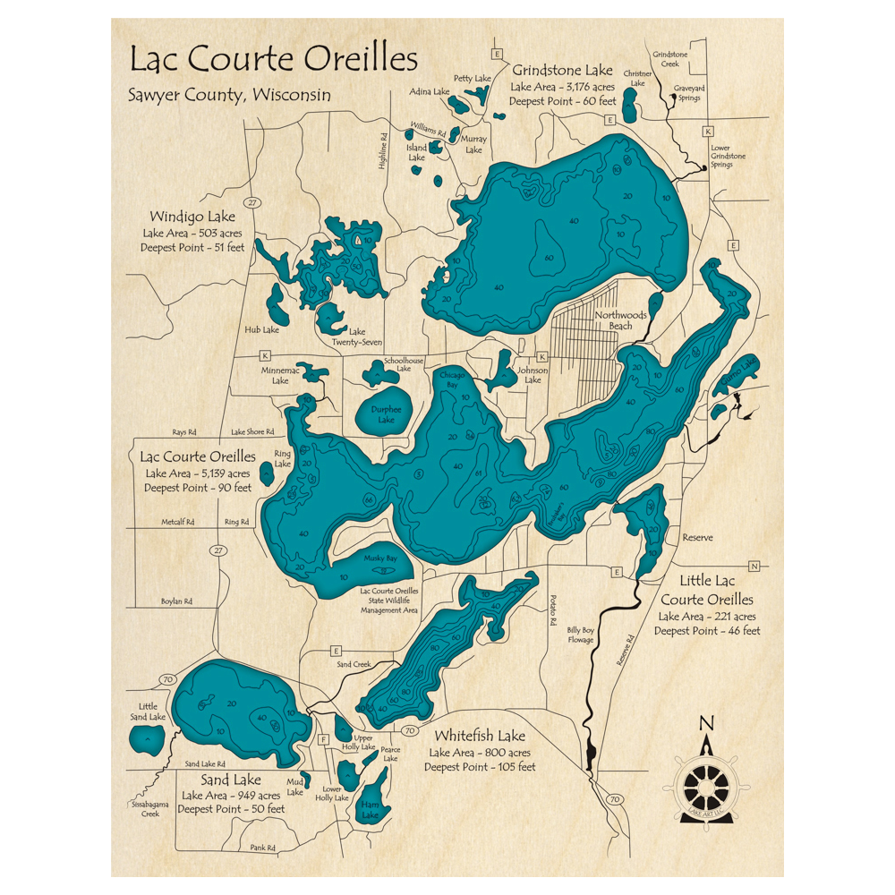 Bathymetric topo map of Lac Courte Oreilles Region, WI with roads, towns and depths noted in blue water.