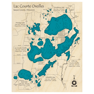 Bathymetric topo map of Lac Courte Oreilles Region, WI with roads, towns and depths noted in blue water.