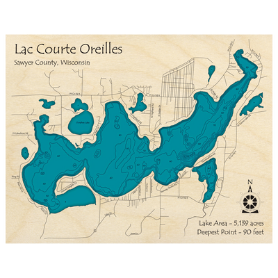Bathymetric topo map of Lac Courte Oreilles, WI with roads, towns and depths noted in blue water.