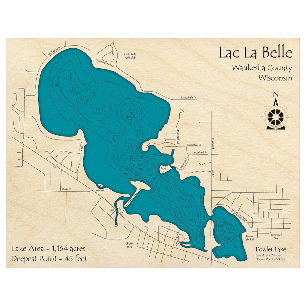Bathymetric topo map of Lac L aBelle, WI with roads, towns and depths noted in blue water.