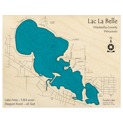 Bathymetric topo map of Lac L aBelle, WI with roads, towns and depths noted in blue water.