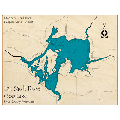 Bathymetric topo map of Lac Sault Dore, WI with roads, towns and depths noted in blue water.