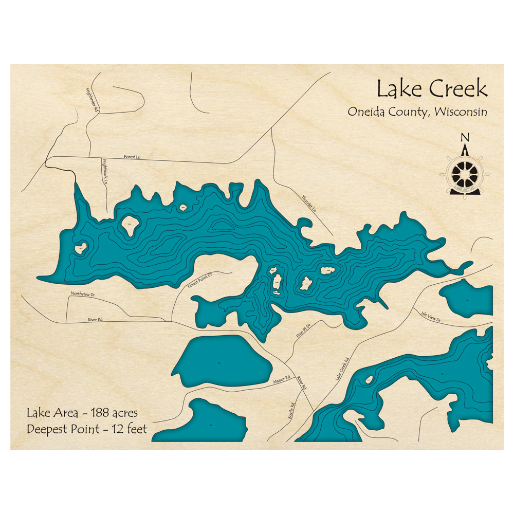Bathymetric topo map of Lake Creek, WI with roads, towns and depths noted in blue water.