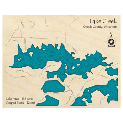 Bathymetric topo map of Lake Creek, WI with roads, towns and depths noted in blue water.
