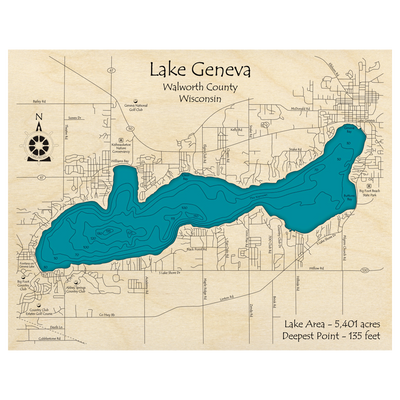 Bathymetric topo map of Lake Geneva, WI with roads, towns and depths noted in blue water.