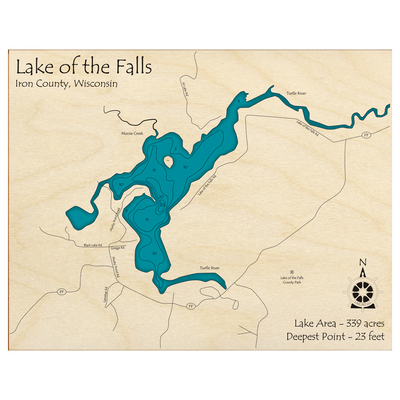 Bathymetric topo map of Lake of the Falls, WI with roads, towns and depths noted in blue water.