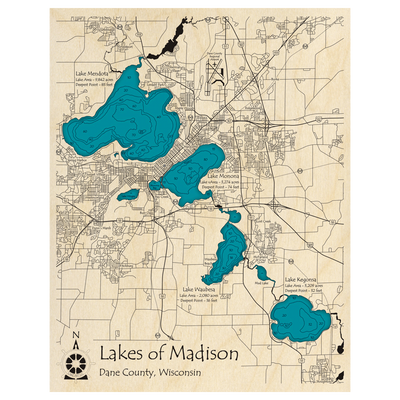 Bathymetric topo map of Lakes of Madison, Wisconsin, WI with roads, towns and depths noted in blue water.