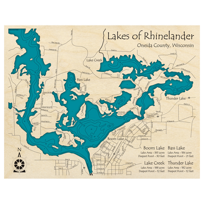 Bathymetric topo map of Lakes of Rhinelander, WI with roads, towns and depths noted in blue water.