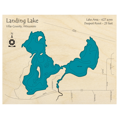 Bathymetric topo map of Landing Lake, WI with roads, towns and depths noted in blue water.
