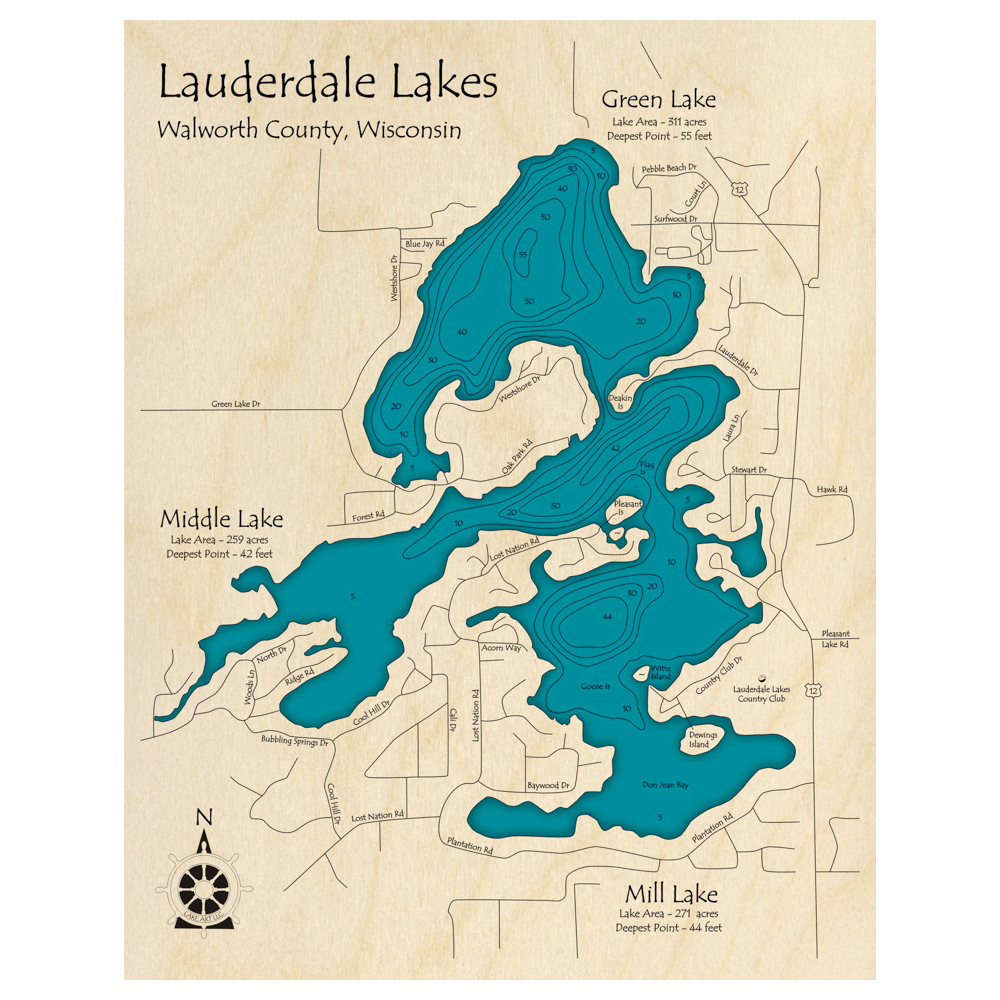 Bathymetric topo map of Lauderdale Lakes, WI with roads, towns and depths noted in blue water.