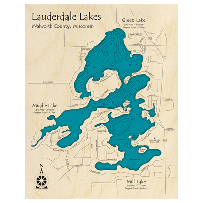 Bathymetric topo map of Lauderdale Lakes, WI with roads, towns and depths noted in blue water.