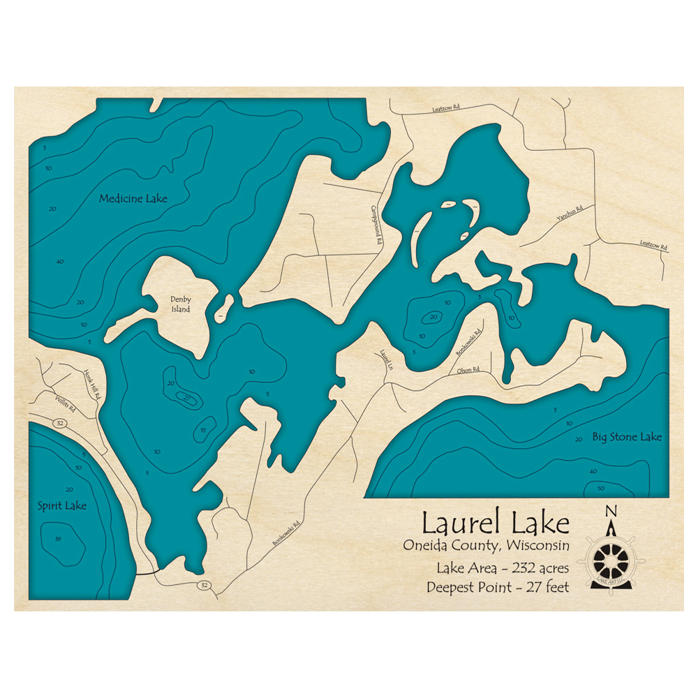 Bathymetric topo map of Laurel Lake, WI with roads, towns and depths noted in blue water.