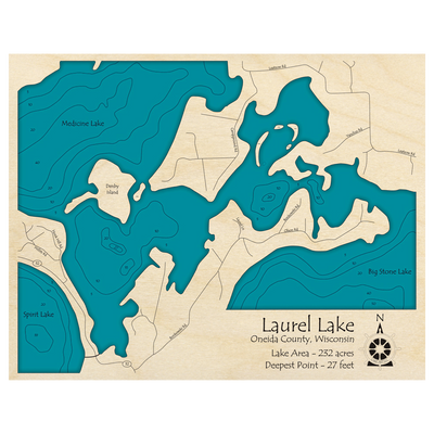 Bathymetric topo map of Laurel Lake, WI with roads, towns and depths noted in blue water.