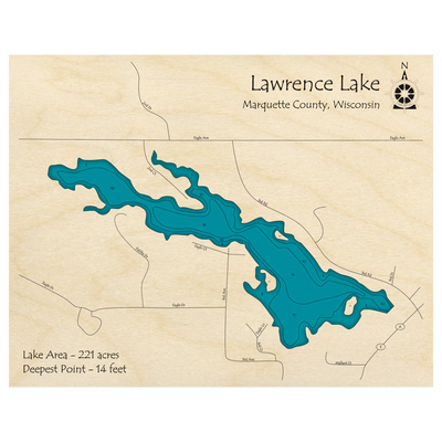 Bathymetric topo map of Lawrence Lake, WI with roads, towns and depths noted in blue water.