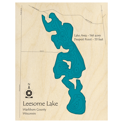 Bathymetric topo map of Leesome Lake, WI with roads, towns and depths noted in blue water.