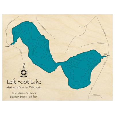 Bathymetric topo map of Left Foot Lake, WI with roads, towns and depths noted in blue water.