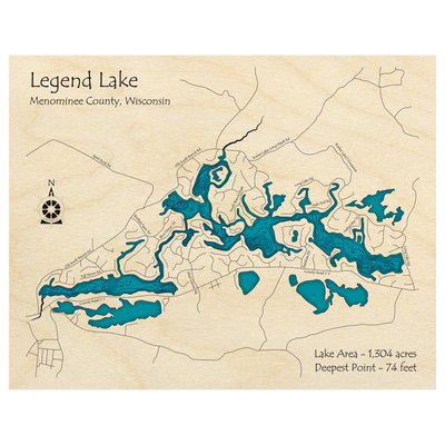 Bathymetric topo map of Legend Lake, WI with roads, towns and depths noted in blue water.