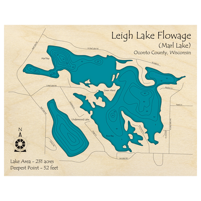 Bathymetric topo map of Leigh Lake Flowage, WI with roads, towns and depths noted in blue water.