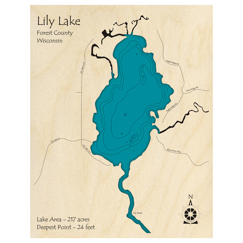 Bathymetric topo map of Lily Lake, WI with roads, towns and depths noted in blue water.