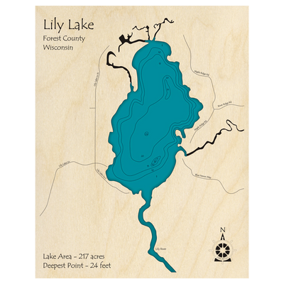 Bathymetric topo map of Lily Lake, WI with roads, towns and depths noted in blue water.