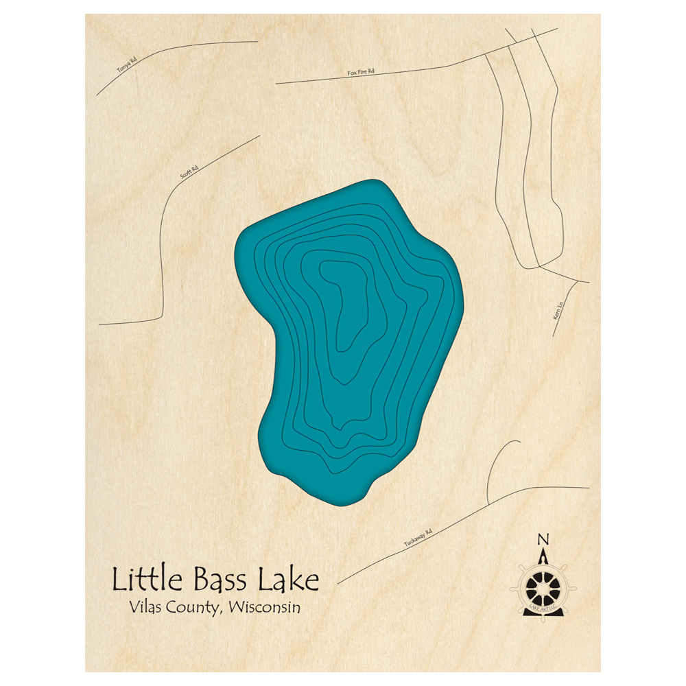 Bathymetric topo map of Little Bass Lake, WI with roads, towns and depths noted in blue water.