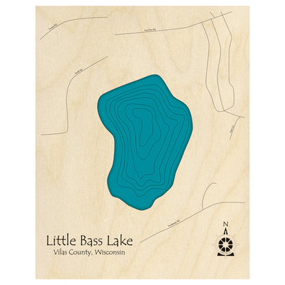 Bathymetric topo map of Little Bass Lake, WI with roads, towns and depths noted in blue water.