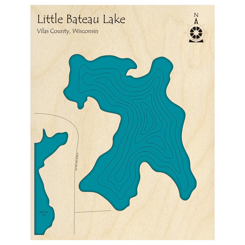 Bathymetric topo map of Little Bateau Lake, WI with roads, towns and depths noted in blue water.