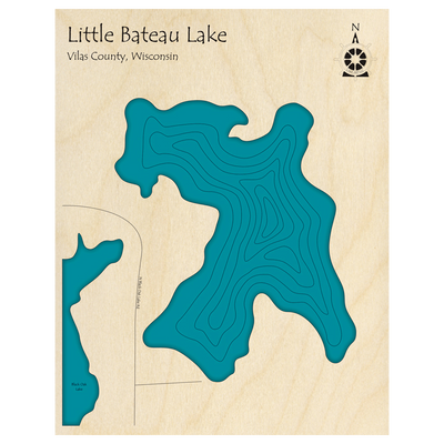 Bathymetric topo map of Little Bateau Lake, WI with roads, towns and depths noted in blue water.
