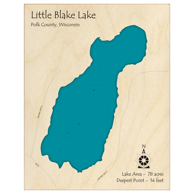 Bathymetric topo map of Little Blake Lake, WI with roads, towns and depths noted in blue water.