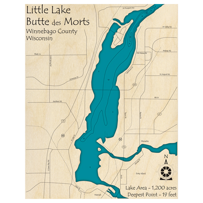 Bathymetric topo map of Little Butte des Morts Lake, WI with roads, towns and depths noted in blue water.
