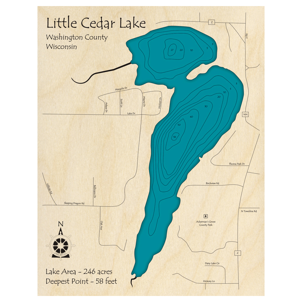 Bathymetric topo map of Little Cedar Lake, WI with roads, towns and depths noted in blue water.