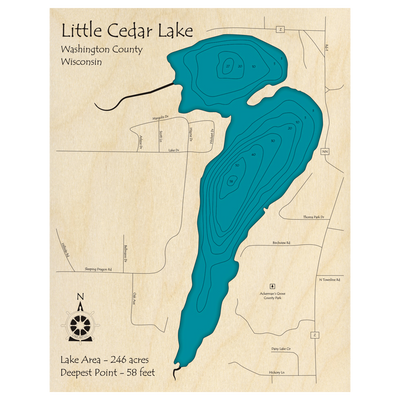 Bathymetric topo map of Little Cedar Lake, WI with roads, towns and depths noted in blue water.