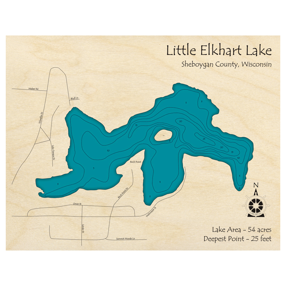 Bathymetric topo map of Little Elkhart Lake, WI with roads, towns and depths noted in blue water.
