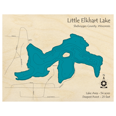 Bathymetric topo map of Little Elkhart Lake, WI with roads, towns and depths noted in blue water.