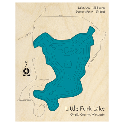 Bathymetric topo map of Little Fork Lake, WI with roads, towns and depths noted in blue water.