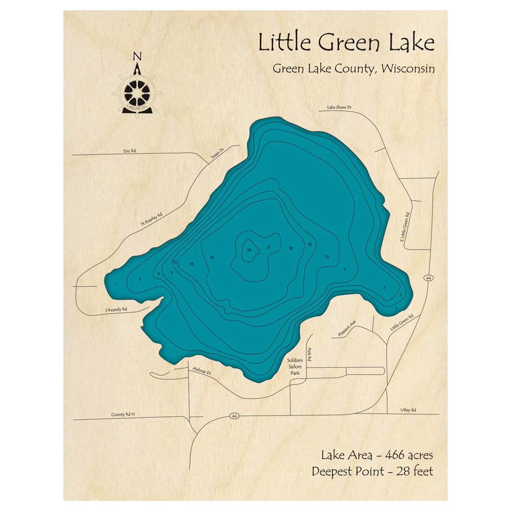 Bathymetric topo map of Little Green Lake, WI with roads, towns and depths noted in blue water.