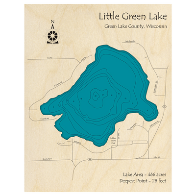 Bathymetric topo map of Little Green Lake, WI with roads, towns and depths noted in blue water.
