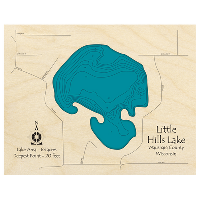 Bathymetric topo map of Little Hills Lake, WI with roads, towns and depths noted in blue water.